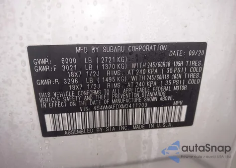 2021 Subaru Ascent z USA, uszkodzony, nr VIN 454WMAFDXM3411209